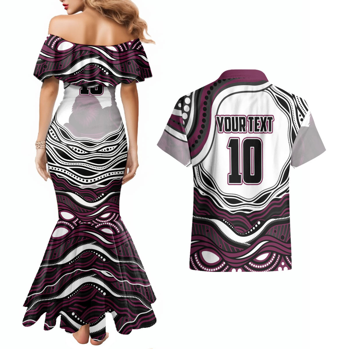 Personalized Manly Warringah Sea Eagles Couples Matching Mermaid Dress and Hawaiian Shirt Aboriginal Dot Art - Dreamtime Rugby Mascot