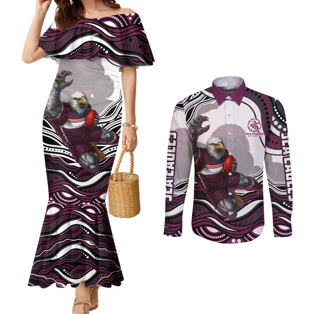 Personalized Manly Warringah Sea Eagles Couples Matching Mermaid Dress and Long Sleeve Button Shirt Aboriginal Dot Art - Dreamtime Rugby Mascot
