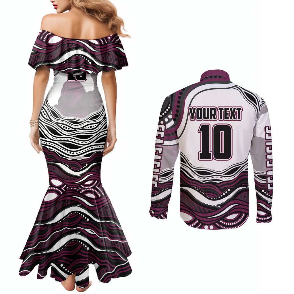 Personalized Manly Warringah Sea Eagles Couples Matching Mermaid Dress and Long Sleeve Button Shirt Aboriginal Dot Art - Dreamtime Rugby Mascot