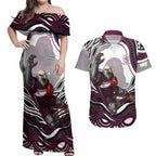 Personalized Manly Warringah Sea Eagles Couples Matching Off Shoulder Maxi Dress and Hawaiian Shirt Aboriginal Dot Art - Dreamtime Rugby Mascot