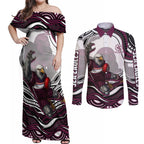 Personalized Manly Warringah Sea Eagles Couples Matching Off Shoulder Maxi Dress and Long Sleeve Button Shirt Aboriginal Dot Art - Dreamtime Rugby Mascot