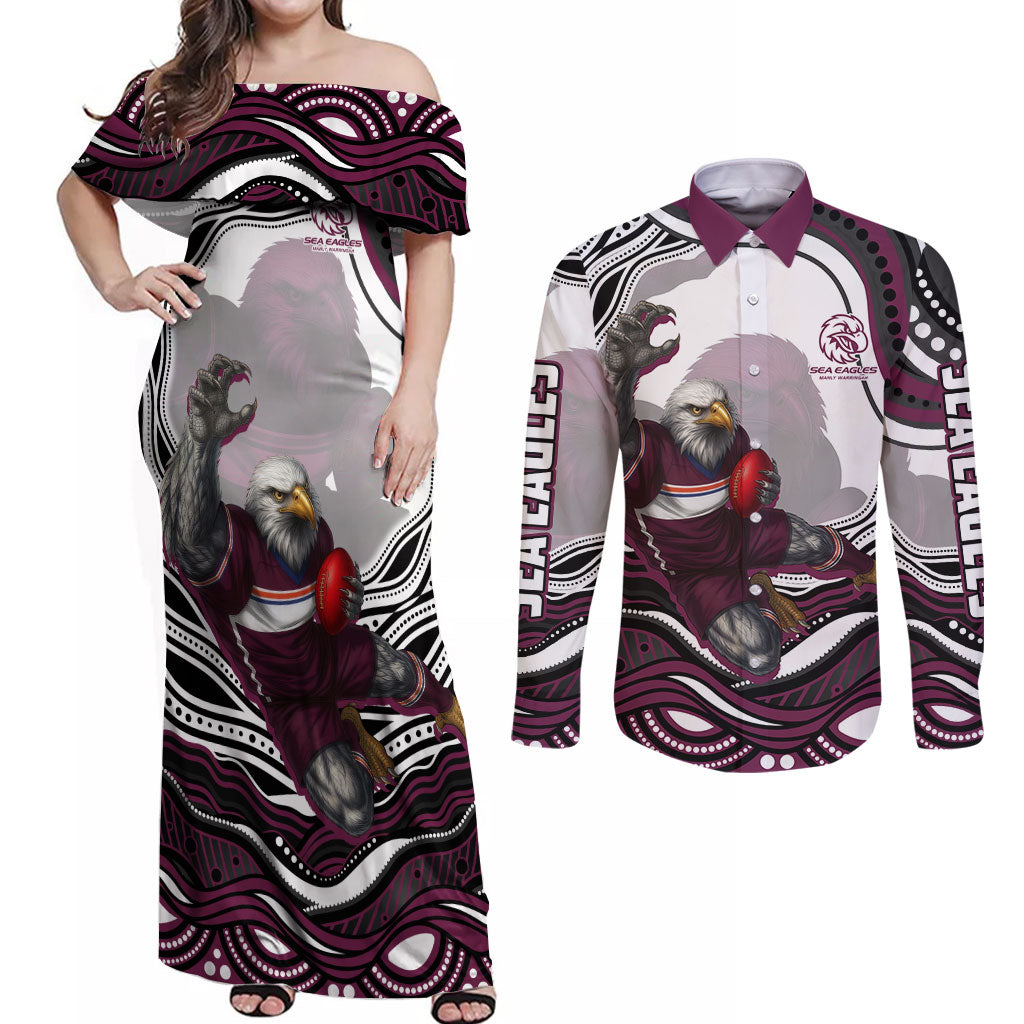 Personalized Manly Warringah Sea Eagles Couples Matching Off Shoulder Maxi Dress and Long Sleeve Button Shirt Aboriginal Dot Art - Dreamtime Rugby Mascot