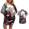 Personalized Manly Warringah Sea Eagles Couples Matching Off Shoulder Short Dress and Hawaiian Shirt Aboriginal Dot Art - Dreamtime Rugby Mascot