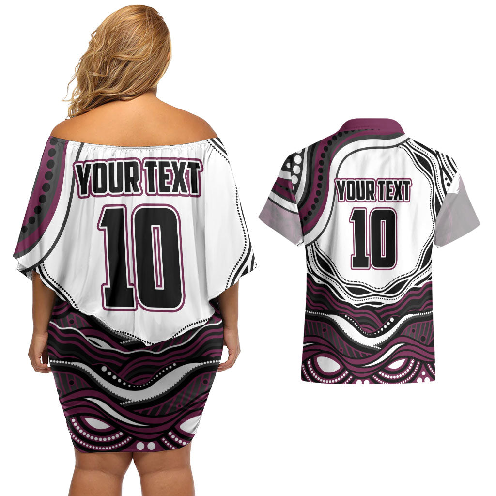 Personalized Manly Warringah Sea Eagles Couples Matching Off Shoulder Short Dress and Hawaiian Shirt Aboriginal Dot Art - Dreamtime Rugby Mascot