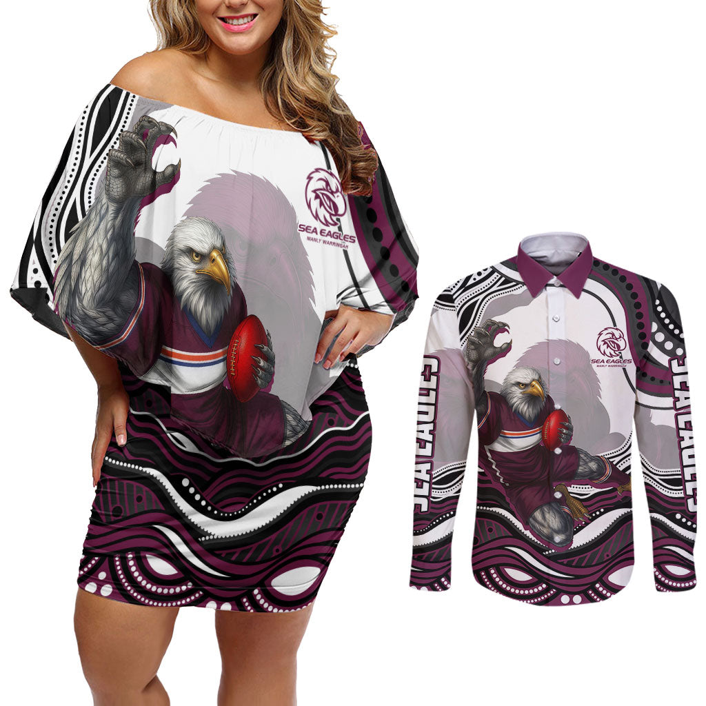 Personalized Manly Warringah Sea Eagles Couples Matching Off Shoulder Short Dress and Long Sleeve Button Shirt Aboriginal Dot Art - Dreamtime Rugby Mascot