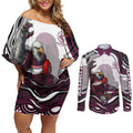 Personalized Manly Warringah Sea Eagles Couples Matching Off Shoulder Short Dress and Long Sleeve Button Shirt Aboriginal Dot Art - Dreamtime Rugby Mascot