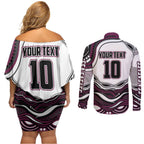 Personalized Manly Warringah Sea Eagles Couples Matching Off Shoulder Short Dress and Long Sleeve Button Shirt Aboriginal Dot Art - Dreamtime Rugby Mascot