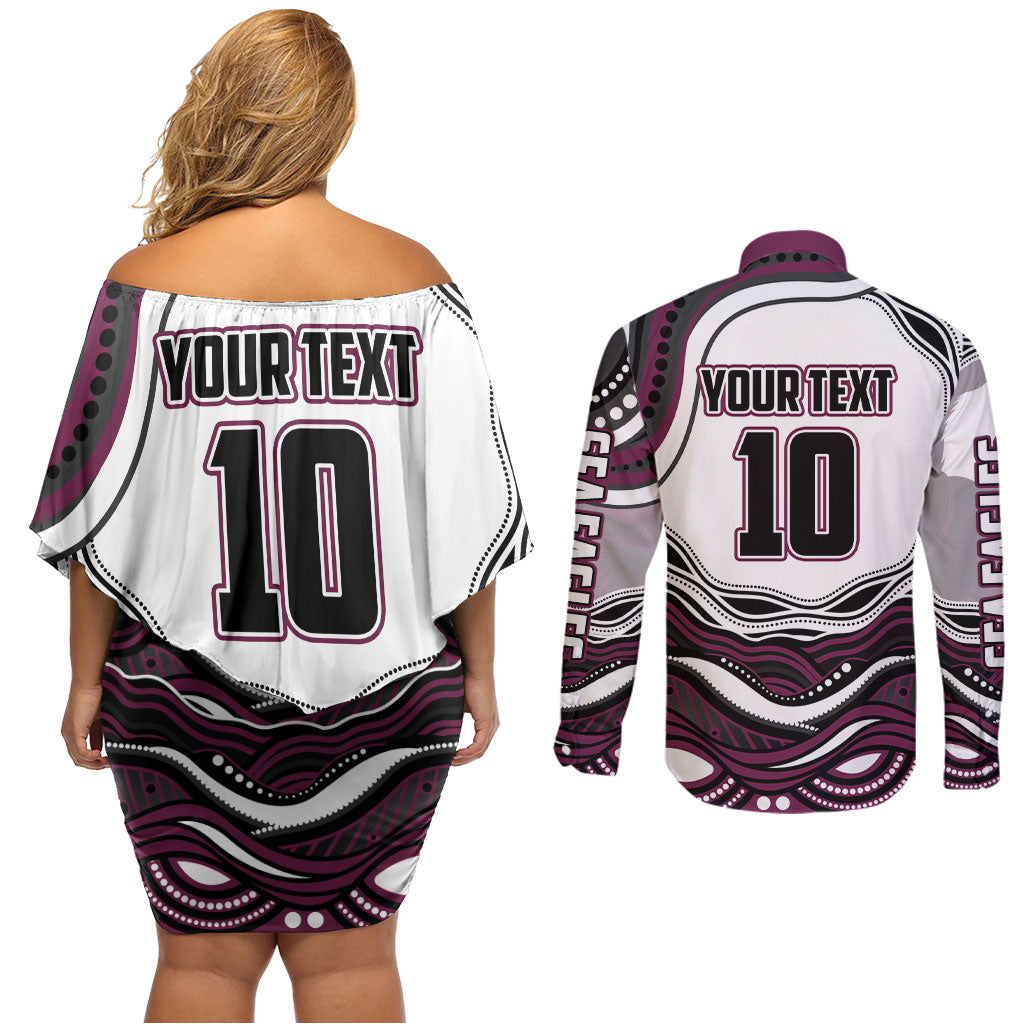 Personalized Manly Warringah Sea Eagles Couples Matching Off Shoulder Short Dress and Long Sleeve Button Shirt Aboriginal Dot Art - Dreamtime Rugby Mascot