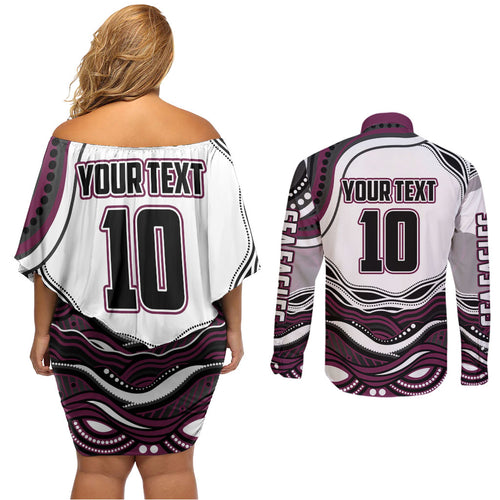 Personalized Manly Warringah Sea Eagles Couples Matching Off Shoulder Short Dress and Long Sleeve Button Shirt Aboriginal Dot Art - Dreamtime Rugby Mascot