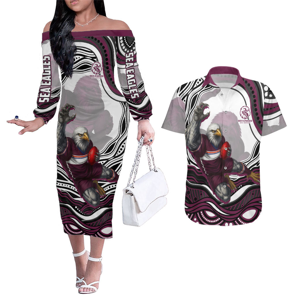 Personalized Manly Warringah Sea Eagles Couples Matching Off The Shoulder Long Sleeve Dress and Hawaiian Shirt Aboriginal Dot Art - Dreamtime Rugby Mascot