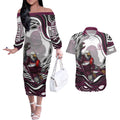 Personalized Manly Warringah Sea Eagles Couples Matching Off The Shoulder Long Sleeve Dress and Hawaiian Shirt Aboriginal Dot Art - Dreamtime Rugby Mascot