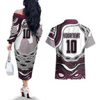 Personalized Manly Warringah Sea Eagles Couples Matching Off The Shoulder Long Sleeve Dress and Hawaiian Shirt Aboriginal Dot Art - Dreamtime Rugby Mascot