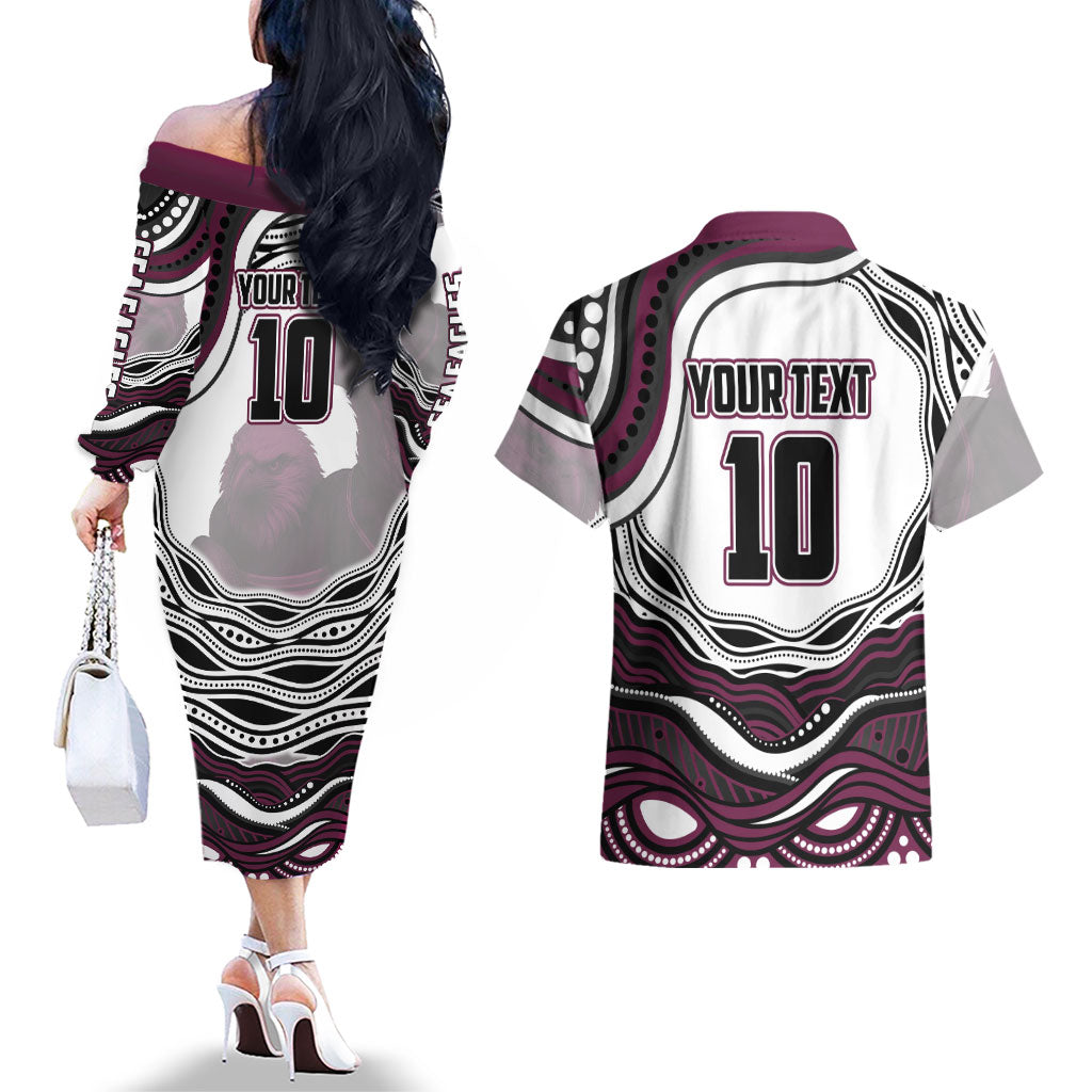 Personalized Manly Warringah Sea Eagles Couples Matching Off The Shoulder Long Sleeve Dress and Hawaiian Shirt Aboriginal Dot Art - Dreamtime Rugby Mascot