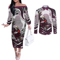Personalized Manly Warringah Sea Eagles Couples Matching Off The Shoulder Long Sleeve Dress and Long Sleeve Button Shirt Aboriginal Dot Art - Dreamtime Rugby Mascot