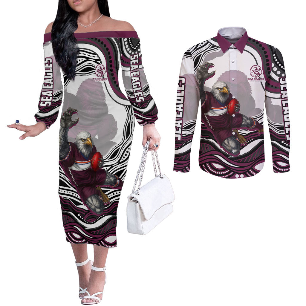 Personalized Manly Warringah Sea Eagles Couples Matching Off The Shoulder Long Sleeve Dress and Long Sleeve Button Shirt Aboriginal Dot Art - Dreamtime Rugby Mascot