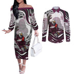Personalized Manly Warringah Sea Eagles Couples Matching Off The Shoulder Long Sleeve Dress and Long Sleeve Button Shirt Aboriginal Dot Art - Dreamtime Rugby Mascot