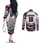 Personalized Manly Warringah Sea Eagles Couples Matching Off The Shoulder Long Sleeve Dress and Long Sleeve Button Shirt Aboriginal Dot Art - Dreamtime Rugby Mascot