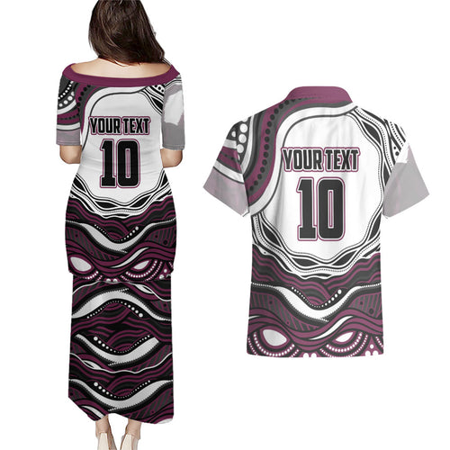 Personalized Manly Warringah Sea Eagles Couples Matching Puletasi and Hawaiian Shirt Aboriginal Dot Art - Dreamtime Rugby Mascot