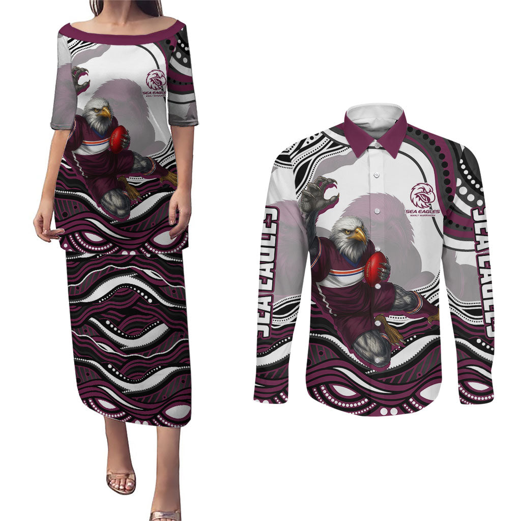 Personalized Manly Warringah Sea Eagles Couples Matching Puletasi and Long Sleeve Button Shirt Aboriginal Dot Art - Dreamtime Rugby Mascot