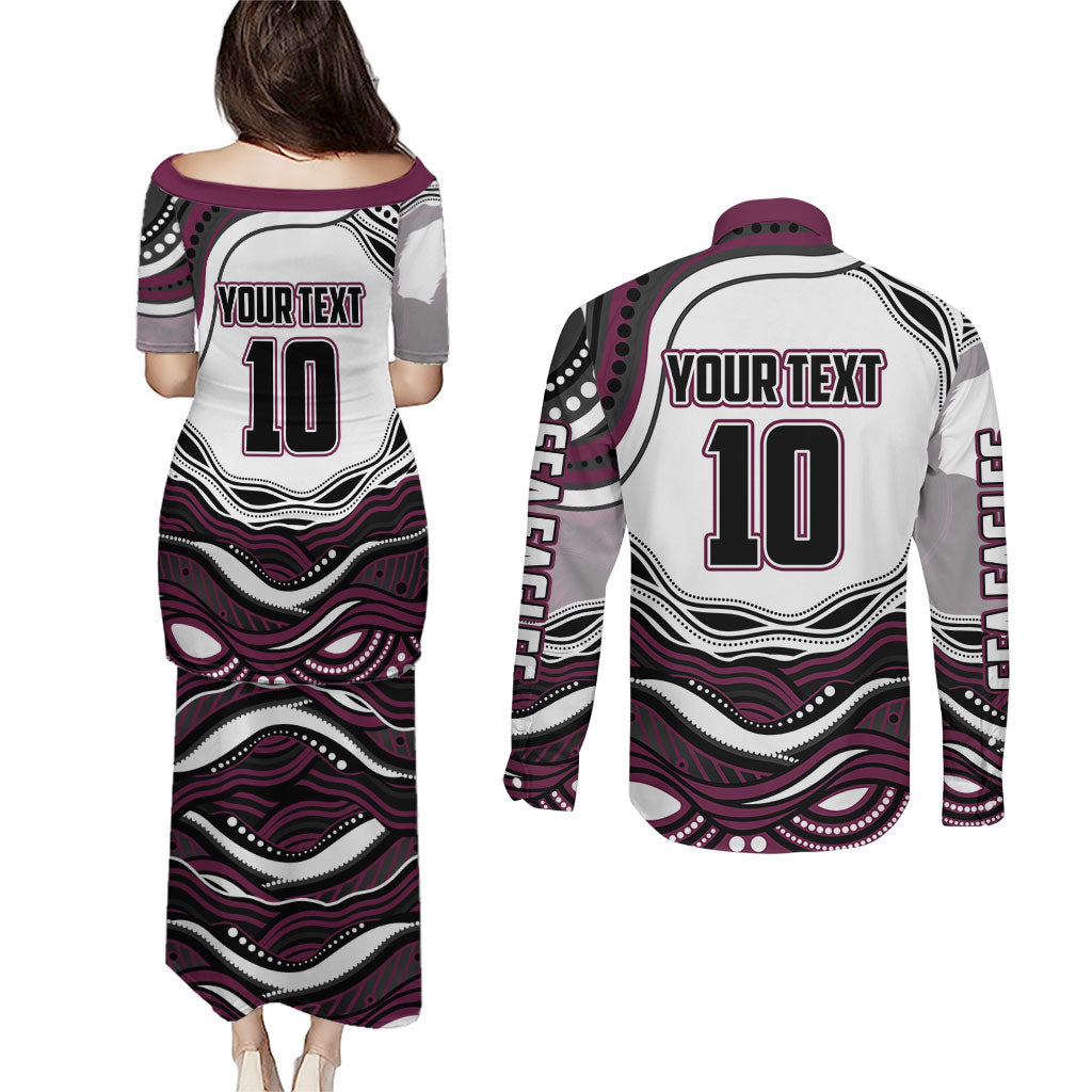 Personalized Manly Warringah Sea Eagles Couples Matching Puletasi and Long Sleeve Button Shirt Aboriginal Dot Art - Dreamtime Rugby Mascot