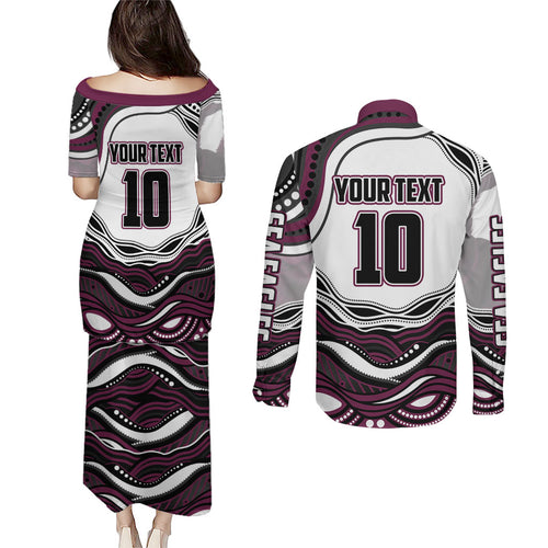 Personalized Manly Warringah Sea Eagles Couples Matching Puletasi and Long Sleeve Button Shirt Aboriginal Dot Art - Dreamtime Rugby Mascot