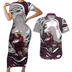 Personalized Manly Warringah Sea Eagles Couples Matching Short Sleeve Bodycon Dress and Hawaiian Shirt Aboriginal Dot Art - Dreamtime Rugby Mascot