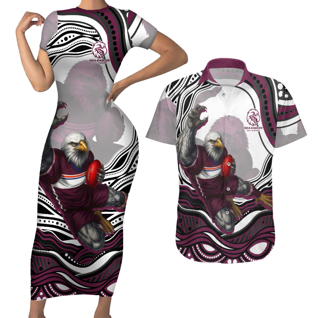 Personalized Manly Warringah Sea Eagles Couples Matching Short Sleeve Bodycon Dress and Hawaiian Shirt Aboriginal Dot Art - Dreamtime Rugby Mascot