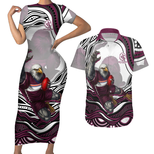 Personalized Manly Warringah Sea Eagles Couples Matching Short Sleeve Bodycon Dress and Hawaiian Shirt Aboriginal Dot Art - Dreamtime Rugby Mascot