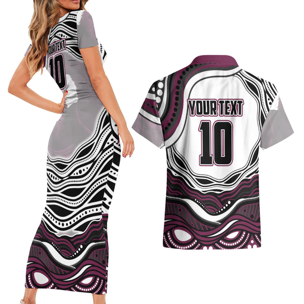 Personalized Manly Warringah Sea Eagles Couples Matching Short Sleeve Bodycon Dress and Hawaiian Shirt Aboriginal Dot Art - Dreamtime Rugby Mascot