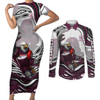 Personalized Manly Warringah Sea Eagles Couples Matching Short Sleeve Bodycon Dress and Long Sleeve Button Shirt Aboriginal Dot Art - Dreamtime Rugby Mascot