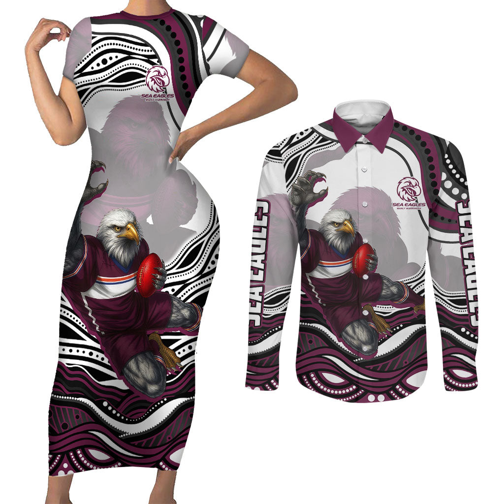 Personalized Manly Warringah Sea Eagles Couples Matching Short Sleeve Bodycon Dress and Long Sleeve Button Shirt Aboriginal Dot Art - Dreamtime Rugby Mascot