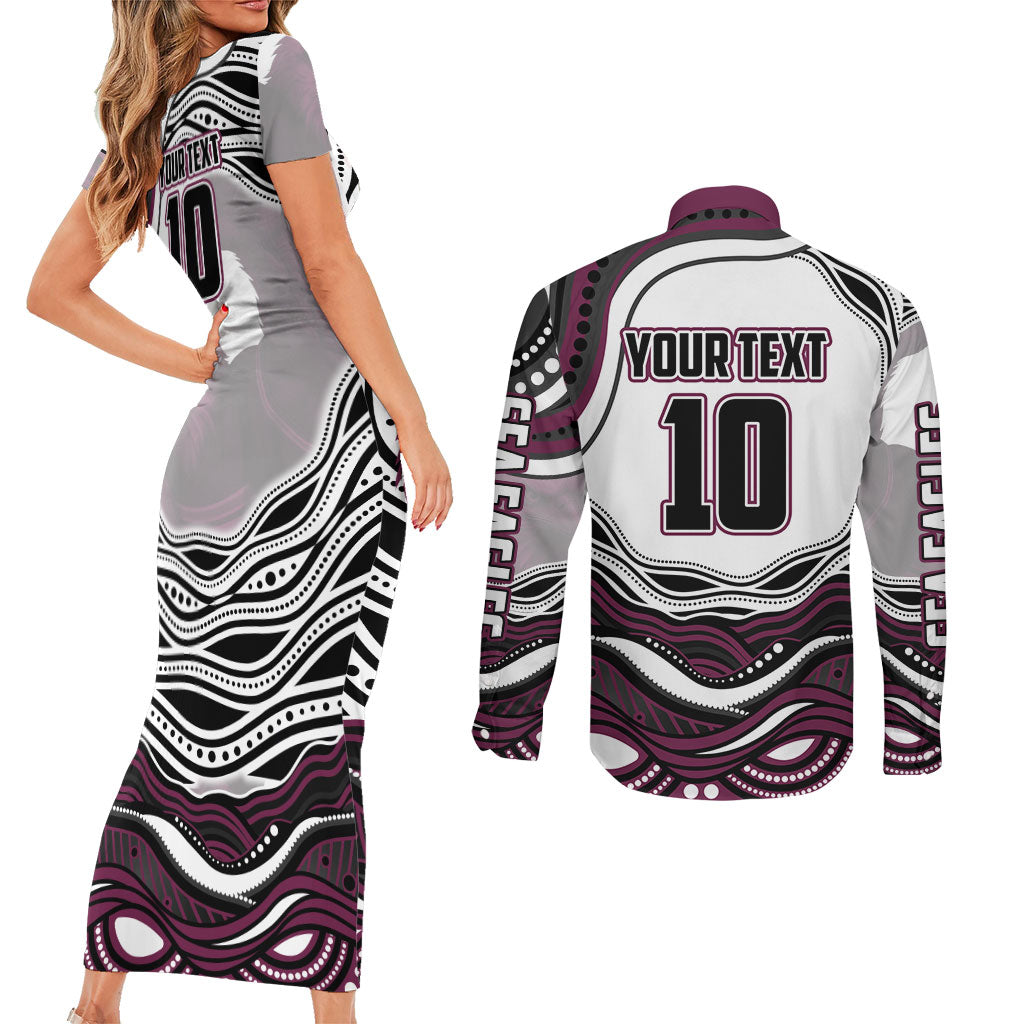 Personalized Manly Warringah Sea Eagles Couples Matching Short Sleeve Bodycon Dress and Long Sleeve Button Shirt Aboriginal Dot Art - Dreamtime Rugby Mascot