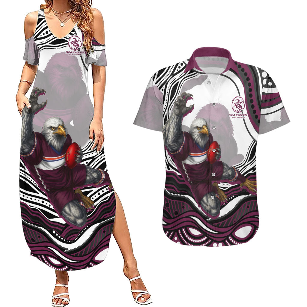 Personalized Manly Warringah Sea Eagles Couples Matching Summer Maxi Dress and Hawaiian Shirt Aboriginal Dot Art - Dreamtime Rugby Mascot