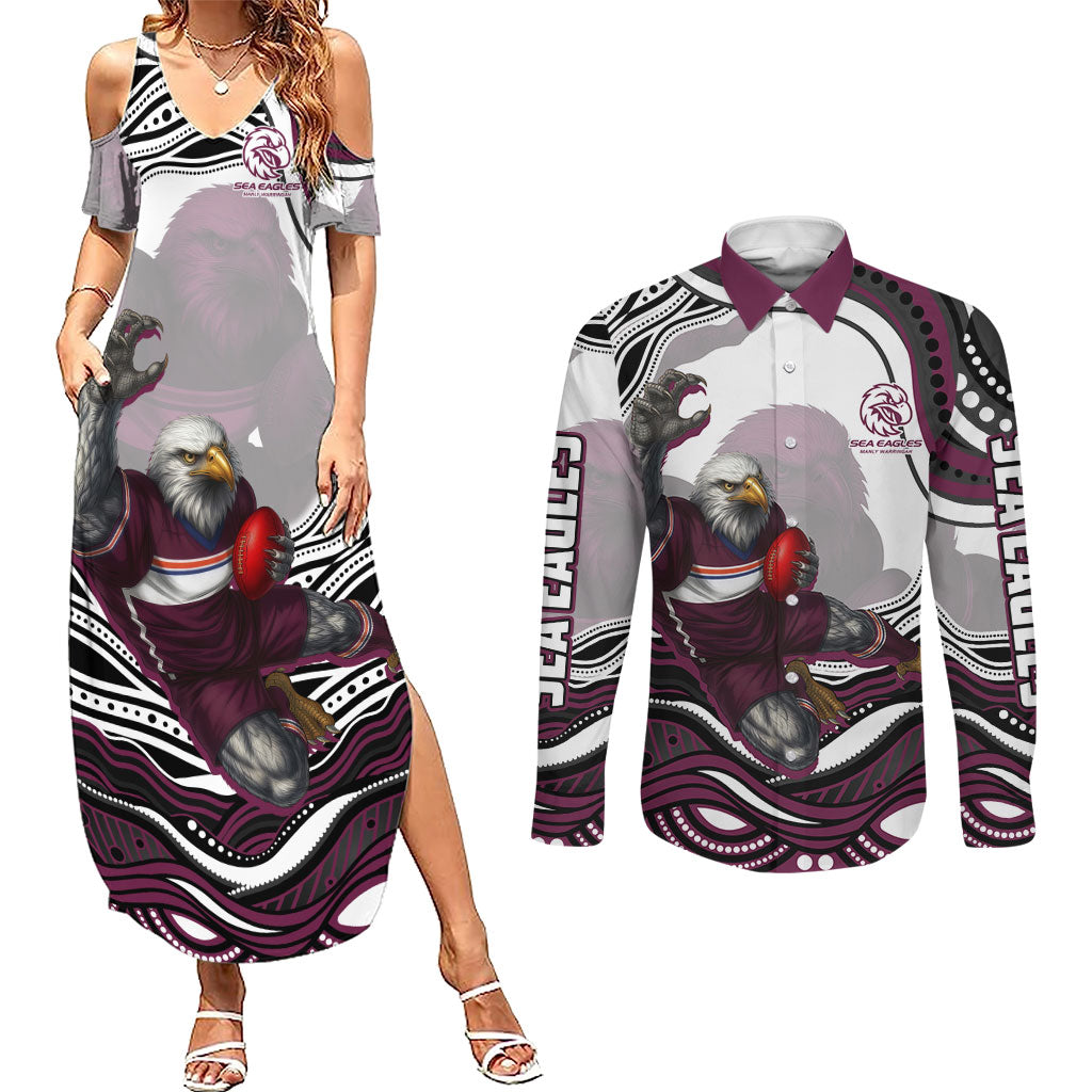Personalized Manly Warringah Sea Eagles Couples Matching Summer Maxi Dress and Long Sleeve Button Shirt Aboriginal Dot Art - Dreamtime Rugby Mascot