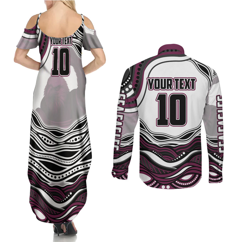 Personalized Manly Warringah Sea Eagles Couples Matching Summer Maxi Dress and Long Sleeve Button Shirt Aboriginal Dot Art - Dreamtime Rugby Mascot