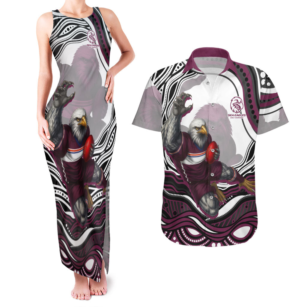 Personalized Manly Warringah Sea Eagles Couples Matching Tank Maxi Dress and Hawaiian Shirt Aboriginal Dot Art - Dreamtime Rugby Mascot