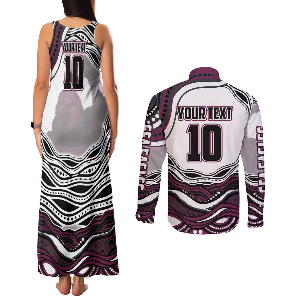 Personalized Manly Warringah Sea Eagles Couples Matching Tank Maxi Dress and Long Sleeve Button Shirt Aboriginal Dot Art - Dreamtime Rugby Mascot