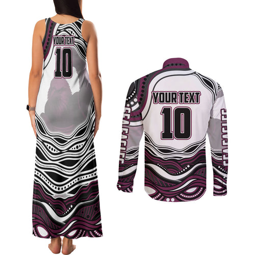 Personalized Manly Warringah Sea Eagles Couples Matching Tank Maxi Dress and Long Sleeve Button Shirt Aboriginal Dot Art - Dreamtime Rugby Mascot