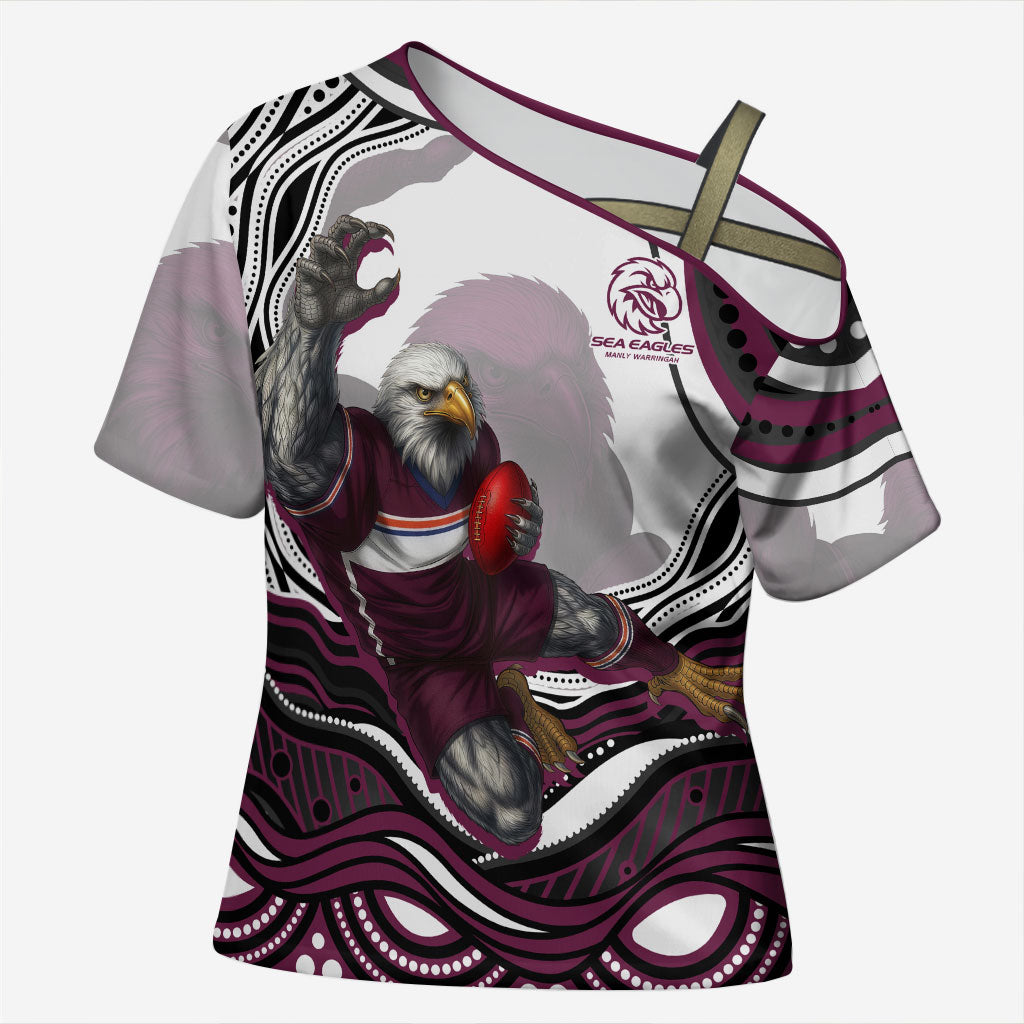 Personalized Manly Warringah Sea Eagles Cross Shoulder Shirt Aboriginal Dot Art - Dreamtime Rugby Mascot