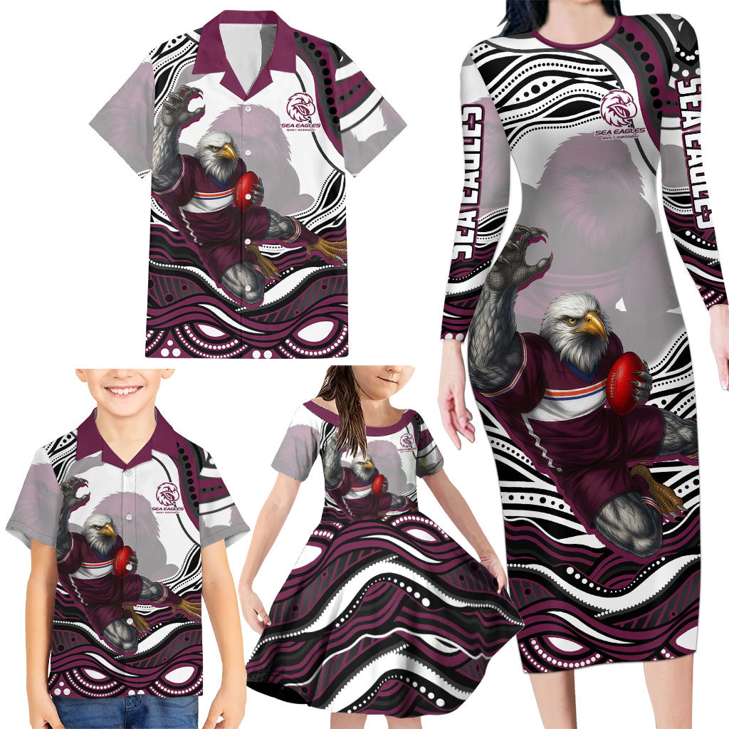 Personalized Manly Warringah Sea Eagles Family Matching Long Sleeve Bodycon Dress and Hawaiian Shirt Aboriginal Dot Art - Dreamtime Rugby Mascot
