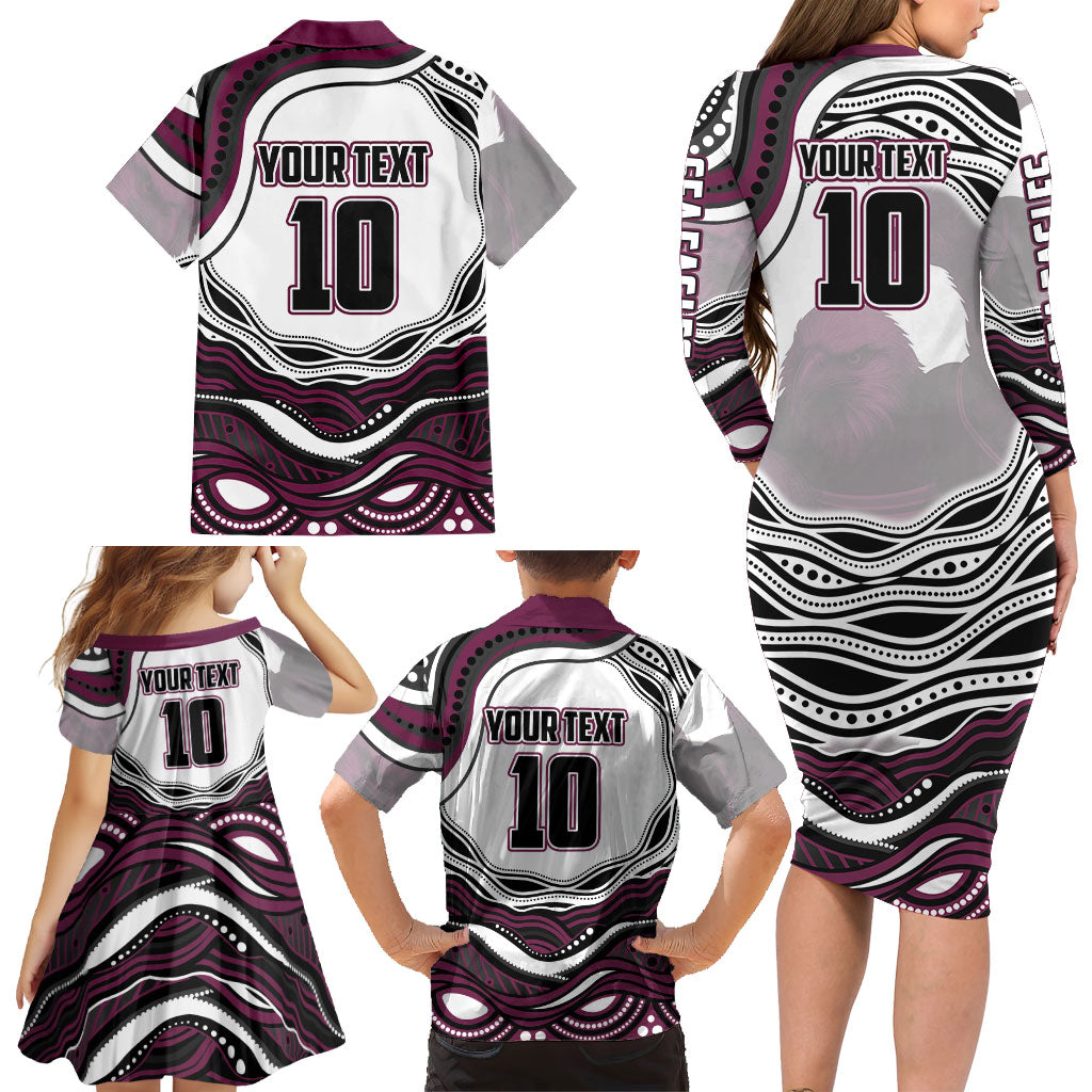 Personalized Manly Warringah Sea Eagles Family Matching Long Sleeve Bodycon Dress and Hawaiian Shirt Aboriginal Dot Art - Dreamtime Rugby Mascot