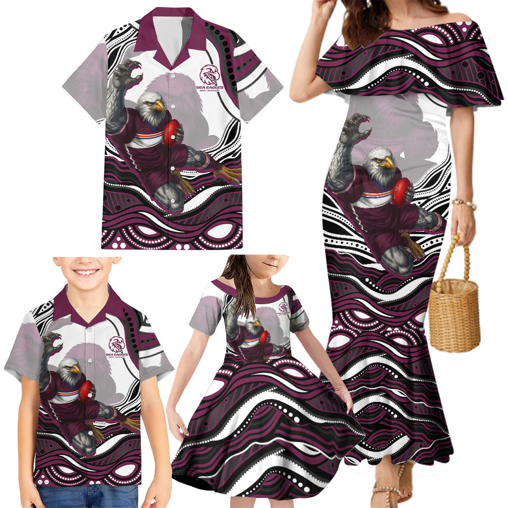 Personalized Manly Warringah Sea Eagles Family Matching Mermaid Dress and Hawaiian Shirt Aboriginal Dot Art - Dreamtime Rugby Mascot