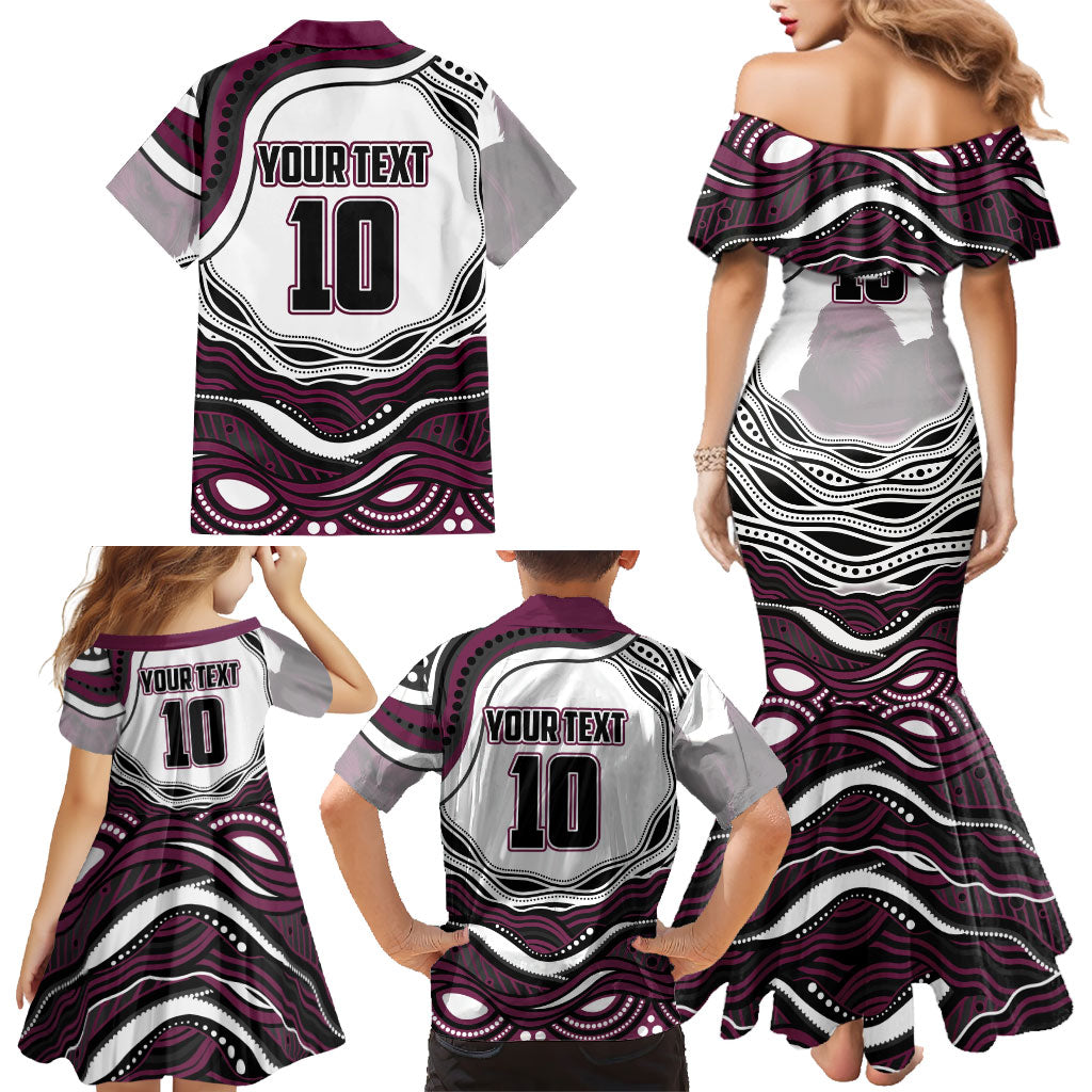 Personalized Manly Warringah Sea Eagles Family Matching Mermaid Dress and Hawaiian Shirt Aboriginal Dot Art - Dreamtime Rugby Mascot