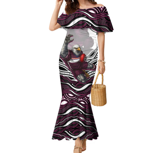 Personalized Manly Warringah Sea Eagles Family Matching Mermaid Dress and Hawaiian Shirt Aboriginal Dot Art - Dreamtime Rugby Mascot