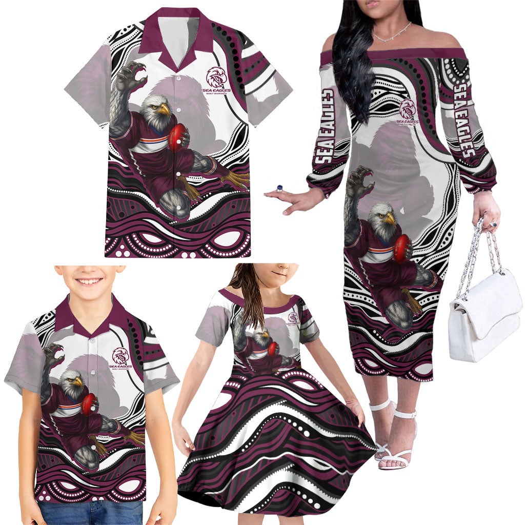 Personalized Manly Warringah Sea Eagles Family Matching Off The Shoulder Long Sleeve Dress and Hawaiian Shirt Aboriginal Dot Art - Dreamtime Rugby Mascot