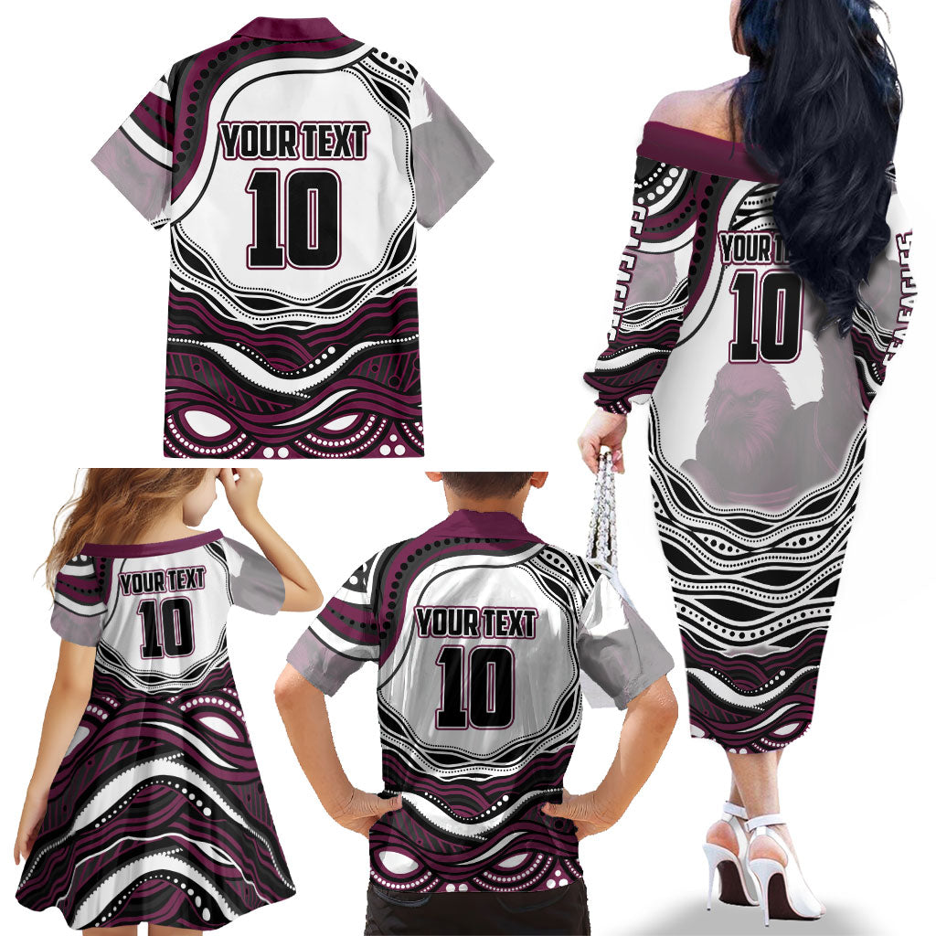 Personalized Manly Warringah Sea Eagles Family Matching Off The Shoulder Long Sleeve Dress and Hawaiian Shirt Aboriginal Dot Art - Dreamtime Rugby Mascot
