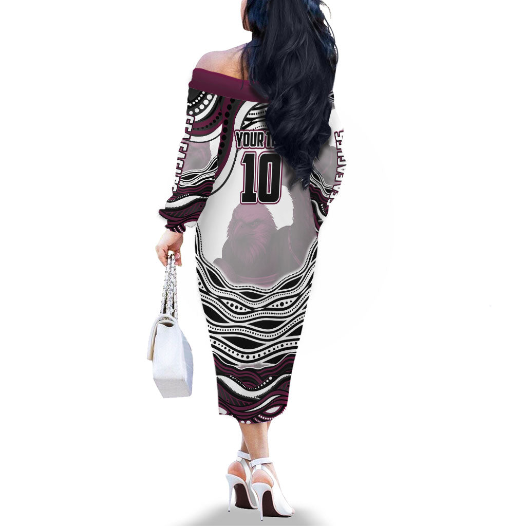 Personalized Manly Warringah Sea Eagles Family Matching Off The Shoulder Long Sleeve Dress and Hawaiian Shirt Aboriginal Dot Art - Dreamtime Rugby Mascot