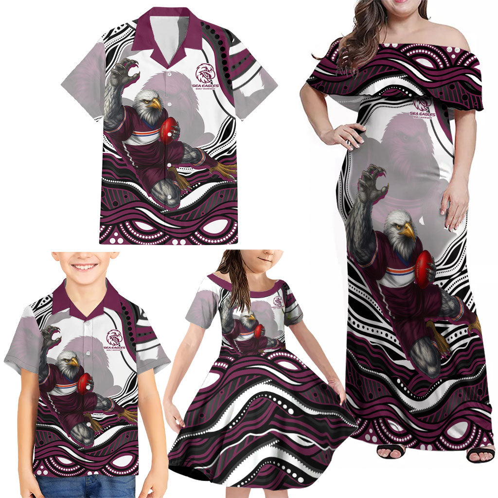 Personalized Manly Warringah Sea Eagles Family Matching Off Shoulder Maxi Dress and Hawaiian Shirt Aboriginal Dot Art - Dreamtime Rugby Mascot