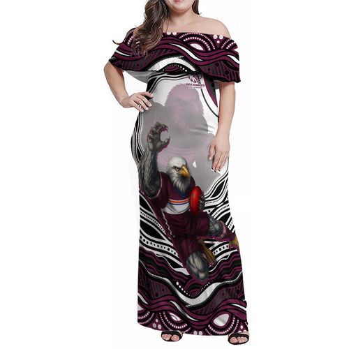 Personalized Manly Warringah Sea Eagles Family Matching Off Shoulder Maxi Dress and Hawaiian Shirt Aboriginal Dot Art - Dreamtime Rugby Mascot