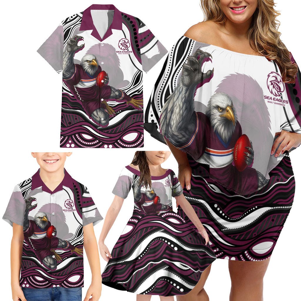 Personalized Manly Warringah Sea Eagles Family Matching Off Shoulder Short Dress and Hawaiian Shirt Aboriginal Dot Art - Dreamtime Rugby Mascot